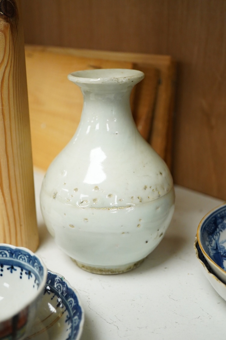 A Chinese Kangxi doucai plate, a group of 18th century Chinese porcelain tea wares and a porcelain bottle probably Korean 19th century, teapot - 15cm high